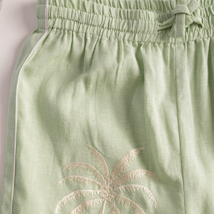 Kids Boys Coord Set in Light Olive with Tropical Embroidery, Textured Cotton Slub Shirt & Shorts