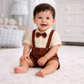 Kids Boys Coord Set in Off White/Brown with Bow Tie, Soft Fabric Suspender Shorts & Cotton Shirt