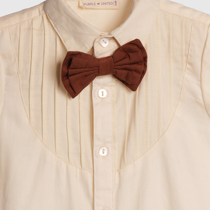 Kids Boys Coord Set in Off White/Brown with Bow Tie, Soft Fabric Suspender Shorts & Cotton Shirt