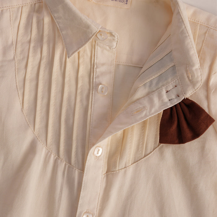 Kids Boys Coord Set in Off White/Brown with Bow Tie, Soft Fabric Suspender Shorts & Cotton Shirt