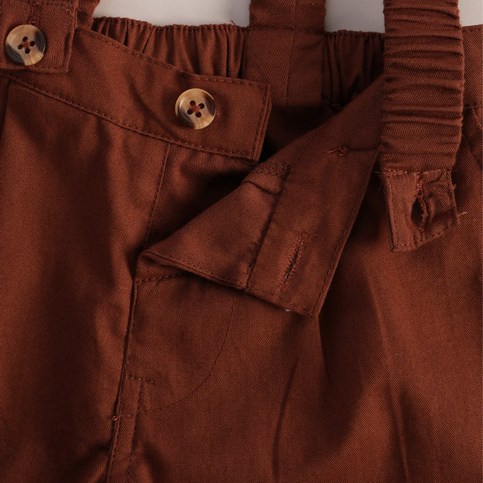 Kids Boys Coord Set in Off White/Brown with Bow Tie, Soft Fabric Suspender Shorts & Cotton Shirt