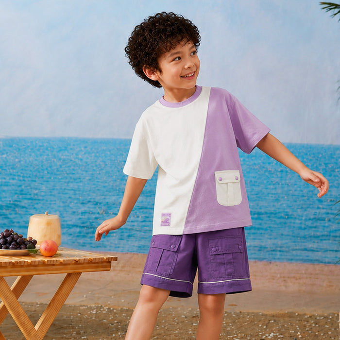 Kids Boys Coord Set in Purple with Comfort Fabric Tshirt & Relaxed Fit Cargo Shorts