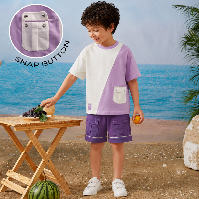 Kids Boys Coord Set in Purple with Comfort Fabric Tshirt & Relaxed Fit Cargo Shorts