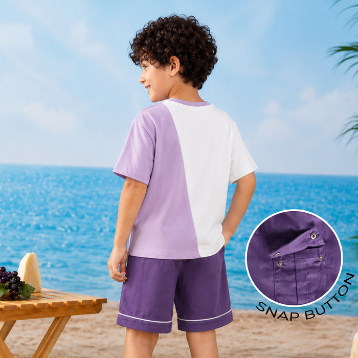 Kids Boys Coord Set in Purple with Comfort Fabric Tshirt & Relaxed Fit Cargo Shorts