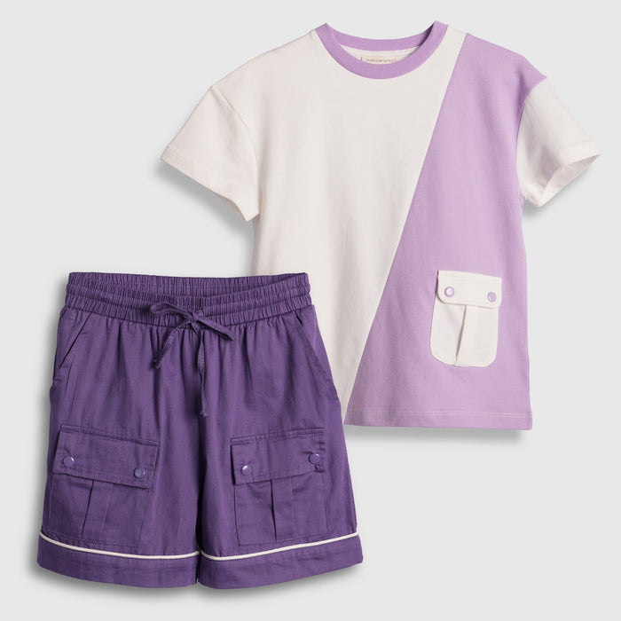 Kids Boys Coord Set in Purple with Comfort Fabric Tshirt & Relaxed Fit Cargo Shorts