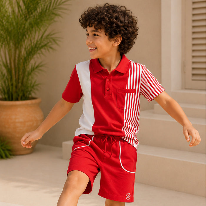 Kids Boys Coord Set in Red with Polo Collar Soft Fabric Tshirt & Drawstring Comfort Shorts