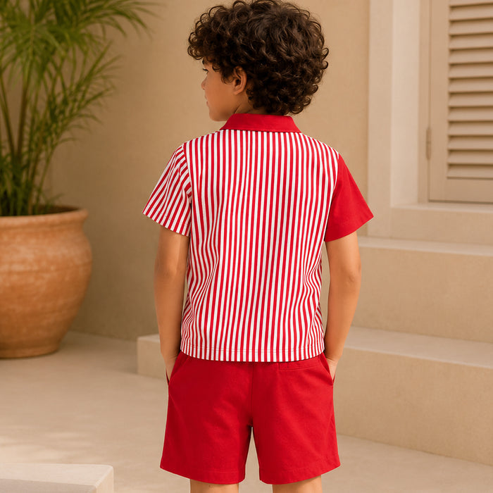 Kids Boys Coord Set in Red with Polo Collar Soft Fabric Tshirt & Drawstring Comfort Shorts