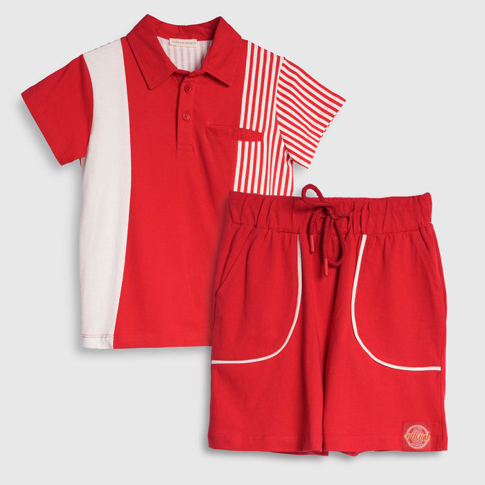 Kids Boys Coord Set in Red with Polo Collar Soft Fabric Tshirt & Drawstring Comfort Shorts