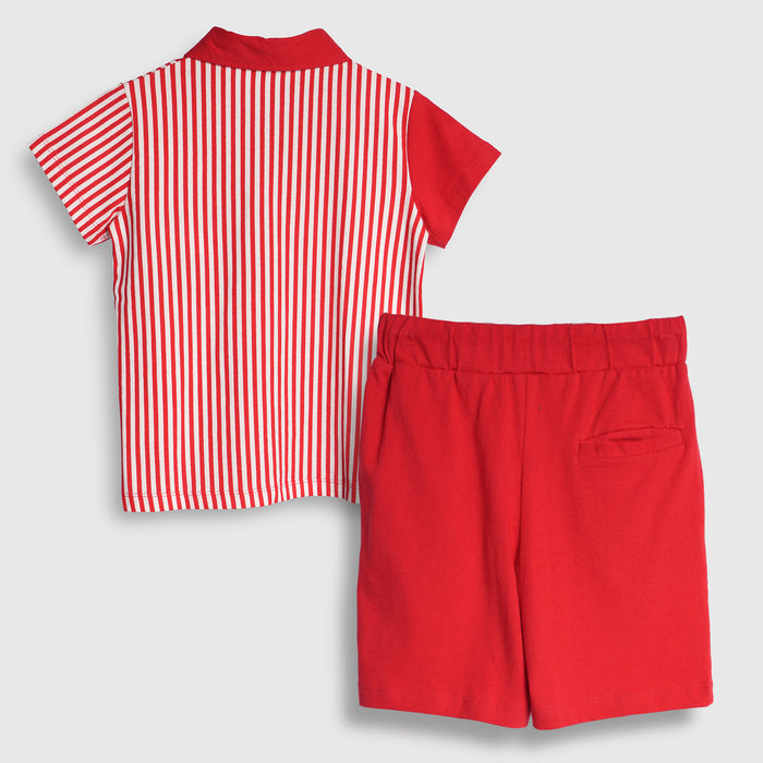 Kids Boys Coord Set in Red with Polo Collar Soft Fabric Tshirt & Drawstring Comfort Shorts