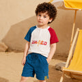 Kids Boys Coord Set in White Blue with Soft Fabric Tshirt & Drawstring Waist Cargo Shorts