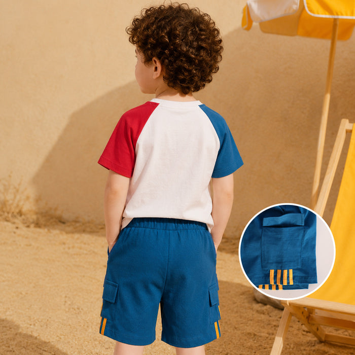 Kids Boys Coord Set in White Blue with Soft Fabric Tshirt & Drawstring Waist Cargo Shorts