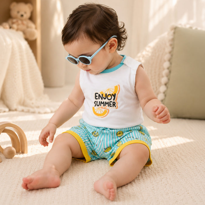Kids Boys Coord Set in White Light Blue with Citrus Print Relaxed Shorts & Sleeveless Comfort Tshirt