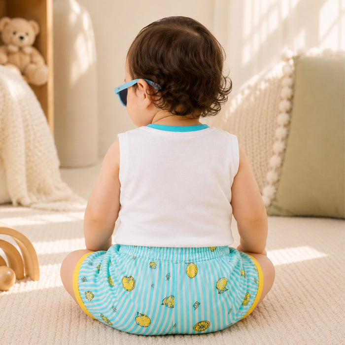 Kids Boys Coord Set in White Light Blue with Citrus Print Relaxed Shorts & Sleeveless Comfort Tshirt