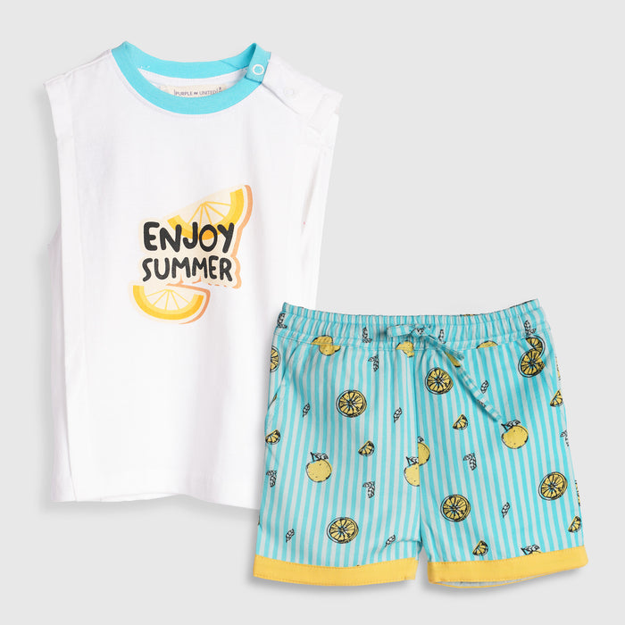 Kids Boys Coord Set in White Light Blue with Citrus Print Relaxed Shorts & Sleeveless Comfort Tshirt