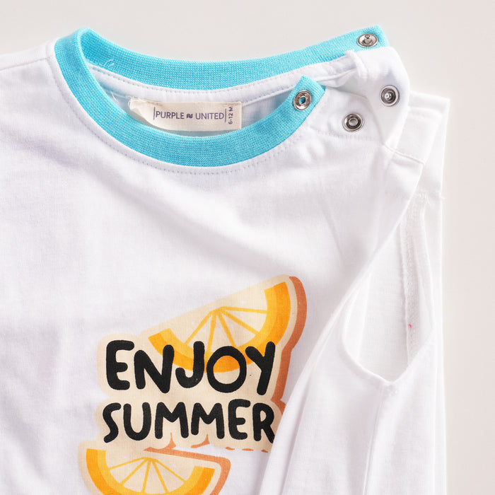 Kids Boys Coord Set in White Light Blue with Citrus Print Relaxed Shorts & Sleeveless Comfort Tshirt