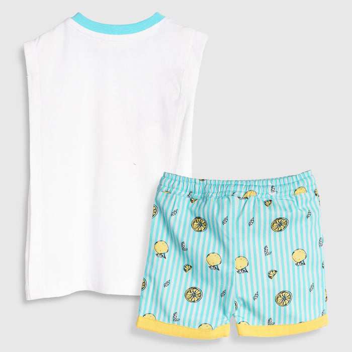 Kids Boys Coord Set in White Light Blue with Citrus Print Relaxed Shorts & Sleeveless Comfort Tshirt