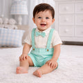 Kids Boys Coord Set in White/Light Blue with Bow Tie, Soft Fabric Suspender Shorts & Cotton Shirt