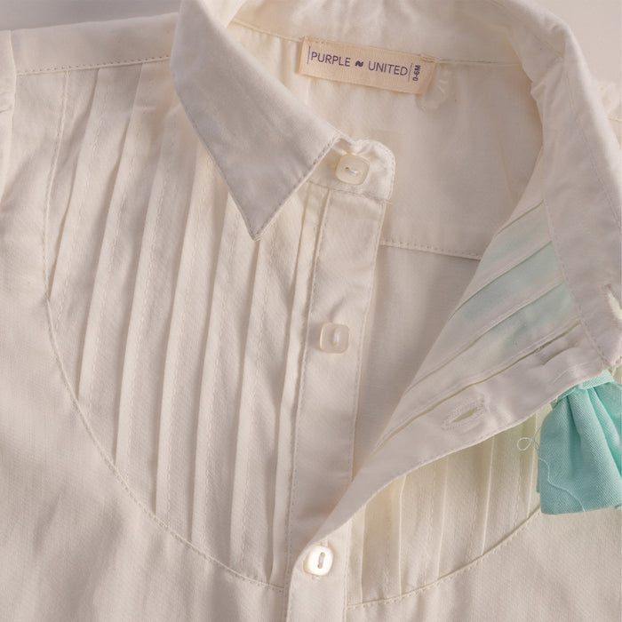 Kids Boys Coord Set in White/Light Blue with Bow Tie, Soft Fabric Suspender Shorts & Cotton Shirt