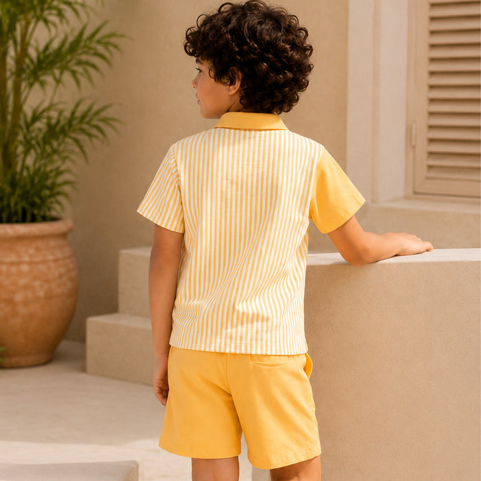Kids Boys Coord Set in Yellow with Polo Collar Soft Fabric Tshirt & Drawstring Comfort Shorts