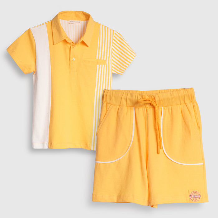 Kids Boys Coord Set in Yellow with Polo Collar Soft Fabric Tshirt & Drawstring Comfort Shorts