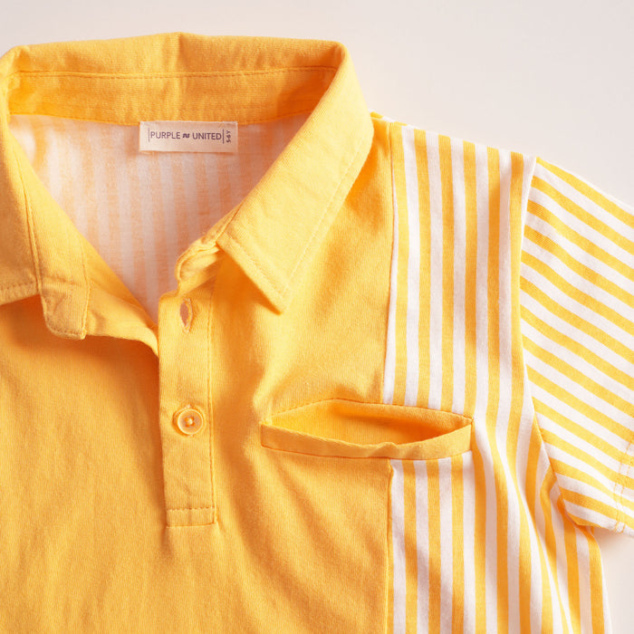 Kids Boys Coord Set in Yellow with Polo Collar Soft Fabric Tshirt & Drawstring Comfort Shorts