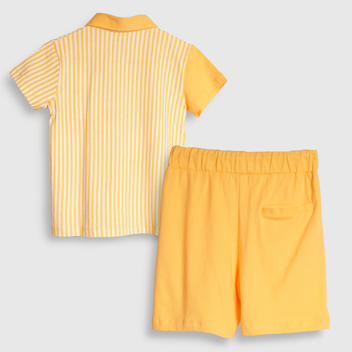 Kids Boys Coord Set in Yellow with Polo Collar Soft Fabric Tshirt & Drawstring Comfort Shorts