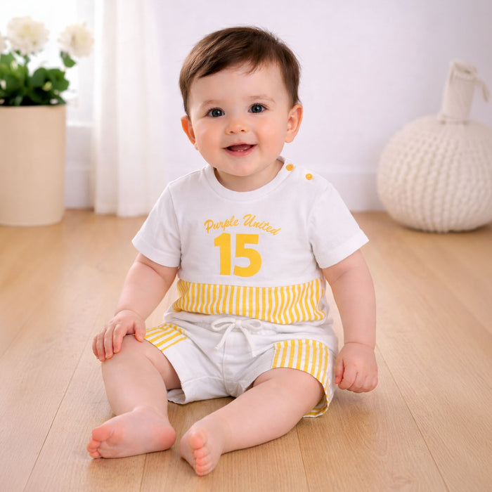 Kids Boys Coord Set in Yellow with Soft Cotton Tshirt & Comfort Striped Shorts for Casual Wear