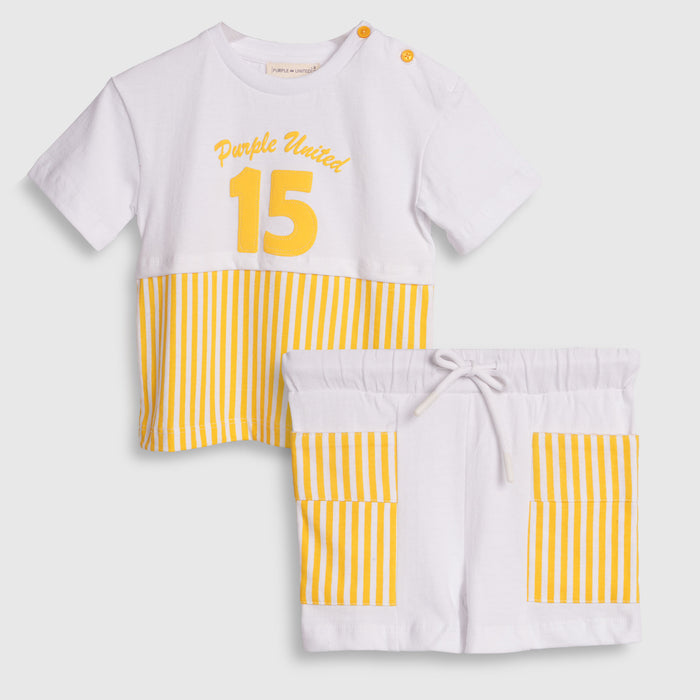 Kids Boys Coord Set in Yellow with Soft Cotton Tshirt & Comfort Striped Shorts for Casual Wear