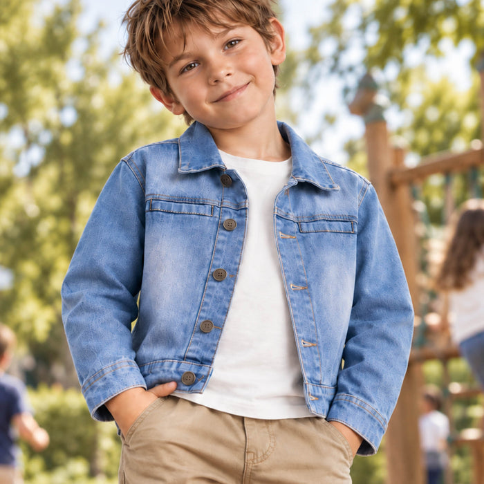 Kids Boys Denim Jacket in Mid Blue with Classic Collar, Full Sleeves & Utility Pockets