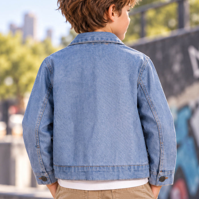 Kids Boys Denim Jacket in Mid Blue with Classic Collar, Full Sleeves & Utility Pockets