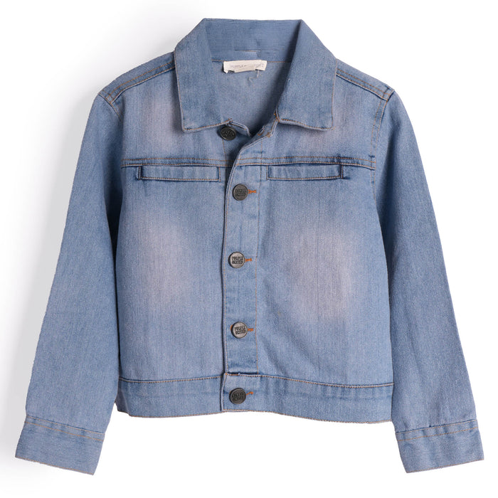 Kids Boys Denim Jacket in Mid Blue with Classic Collar, Full Sleeves & Utility Pockets