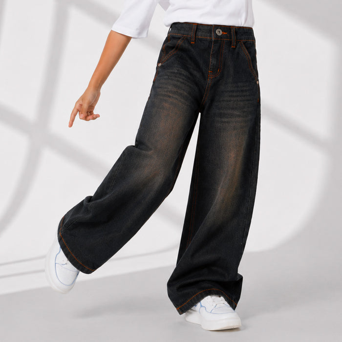 Kids Boys Denim Jeans in Black with Wide Leg Design, Soft Comfort Fabric & Relaxed Fit