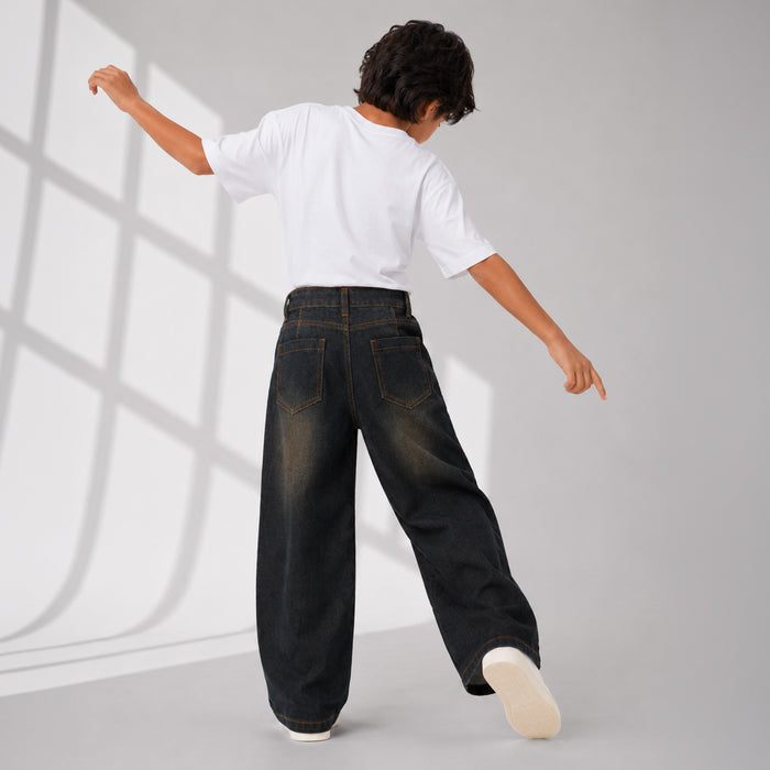 Kids Boys Denim Jeans in Black with Wide Leg Design, Soft Comfort Fabric & Relaxed Fit