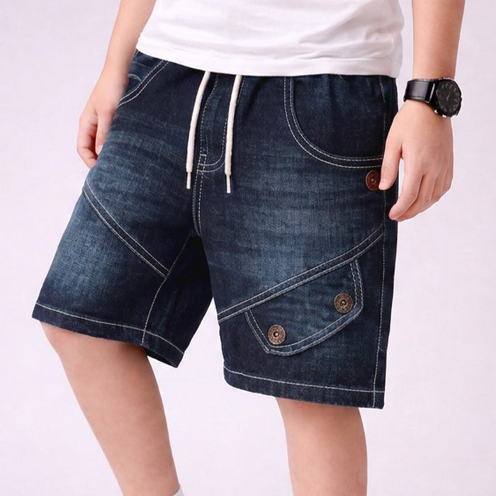 Kids Boys Denim Shorts in Dark Blue with Drawstring Waist & Utility Design for Active Wear