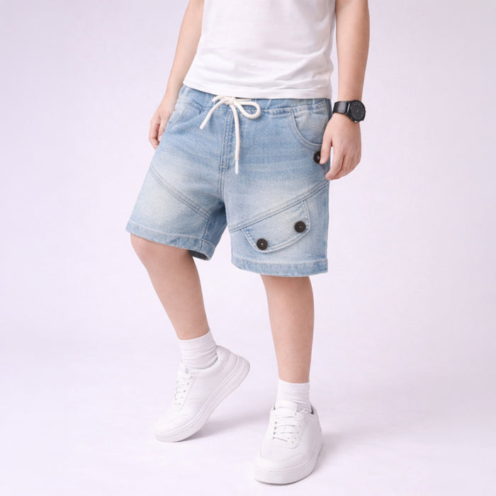 Kids Boys Denim Shorts in Light Blue with Drawstring Waist & Utility Design for Active Wear