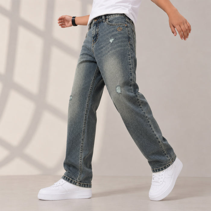 Kids Boys Jeans in Blue with Relaxed Fit, Distressed Wash & Durable Denim Fabric