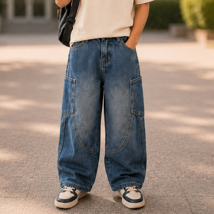 Kids Boys Jeans in Mid Blue with Relaxed Fit, Comfort Denim Fabric & Trendy Utility Look