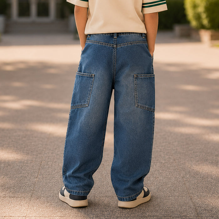 Kids Boys Jeans in Mid Blue with Relaxed Fit, Comfort Denim Fabric & Trendy Utility Look
