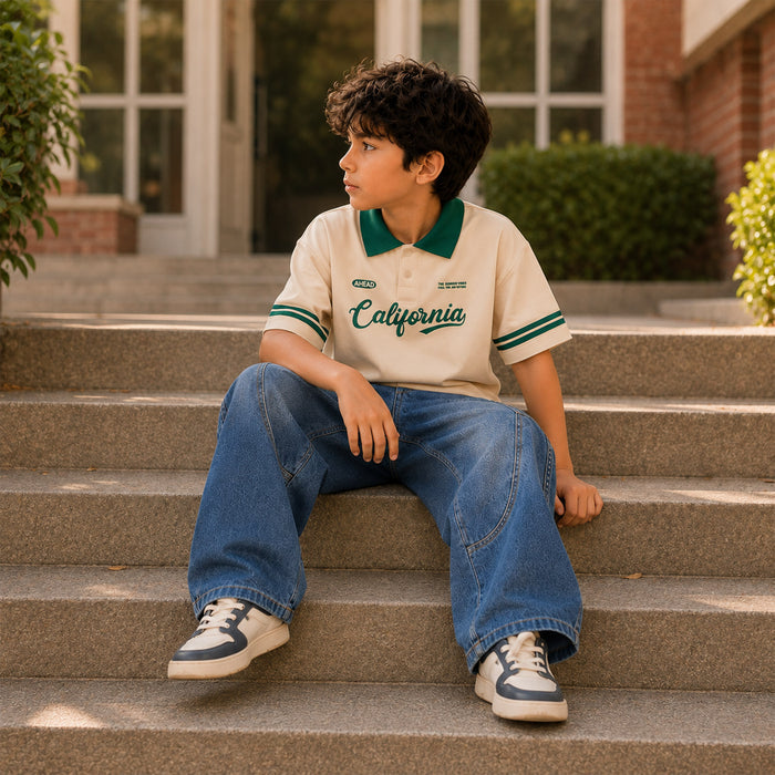 Kids Boys Jeans in Mid Blue with Relaxed Fit, Comfort Denim Fabric & Trendy Utility Look
