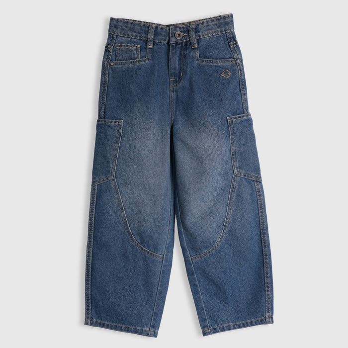 Kids Boys Jeans in Mid Blue with Relaxed Fit, Comfort Denim Fabric & Trendy Utility Look