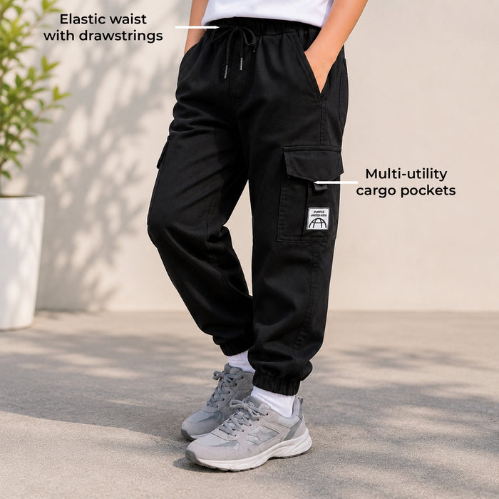 Kids Boys Lower in Black with Cargo Pockets, Drawstring Waist & Elastic Cuff Design