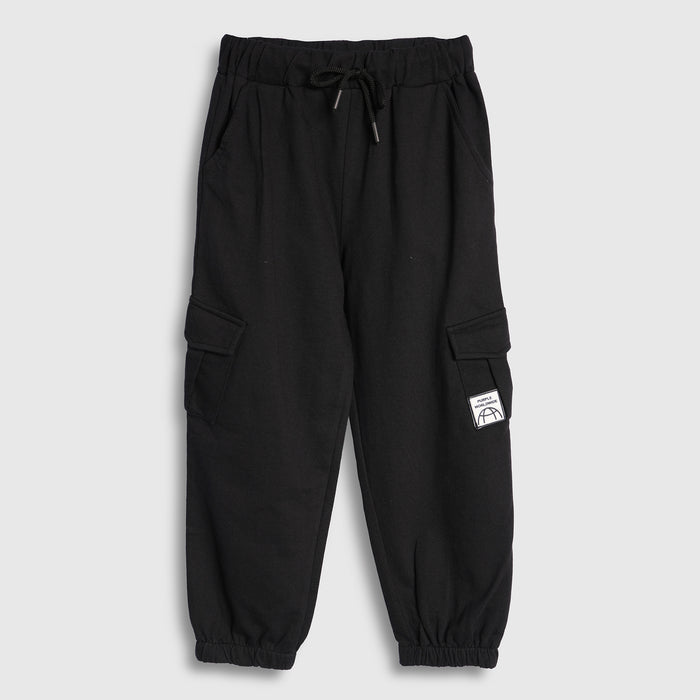 Kids Boys Lower in Black with Cargo Pockets, Drawstring Waist & Elastic Cuff Design