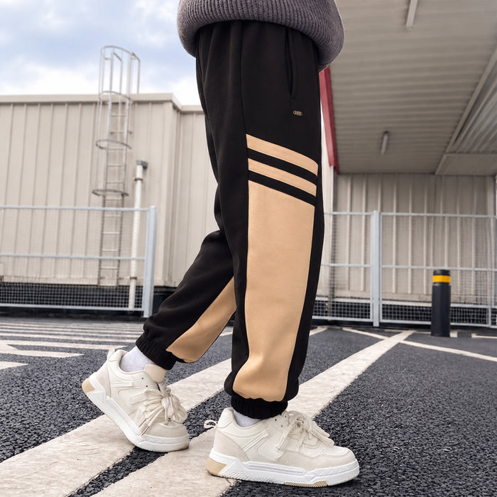 Kids Boys Lower in Black with Relaxed Fit, Stripe Detail, Elastic Waistband & Ribbed Cuffs