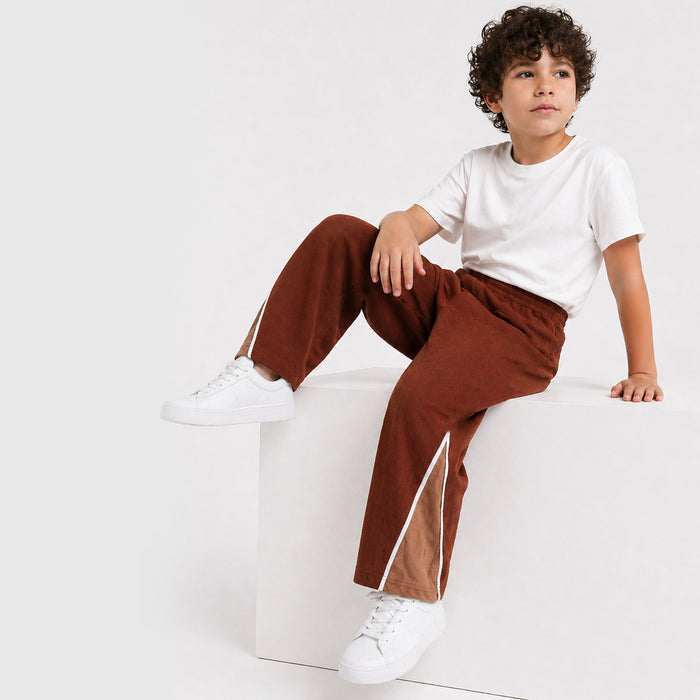 Kids Boys Lower in Brown with Wide Leg, Contrast Panels & Soft Fabric, Everyday Comfortable Fit