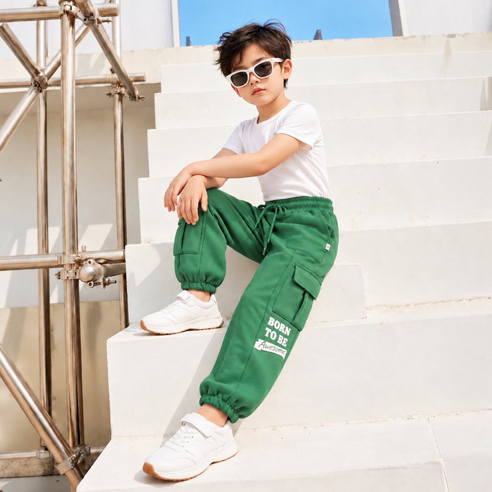 Kids Boys Lower in Dark Green with Cargo Pockets, Drawstring Waist & Cuffed Hem
