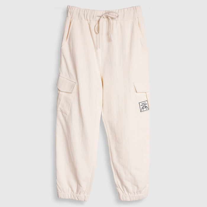 Kids Boys Lower in Off White with Cargo Pockets, Drawstring Waist & Elastic Cuff Design