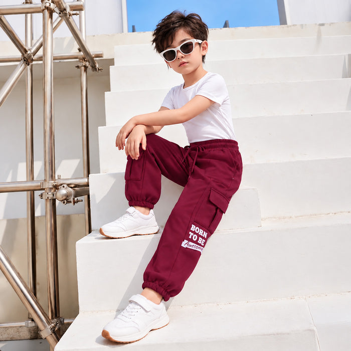 Kids Boys Lower in Red with Cargo Pockets, Drawstring Waist & Cuffed Hem