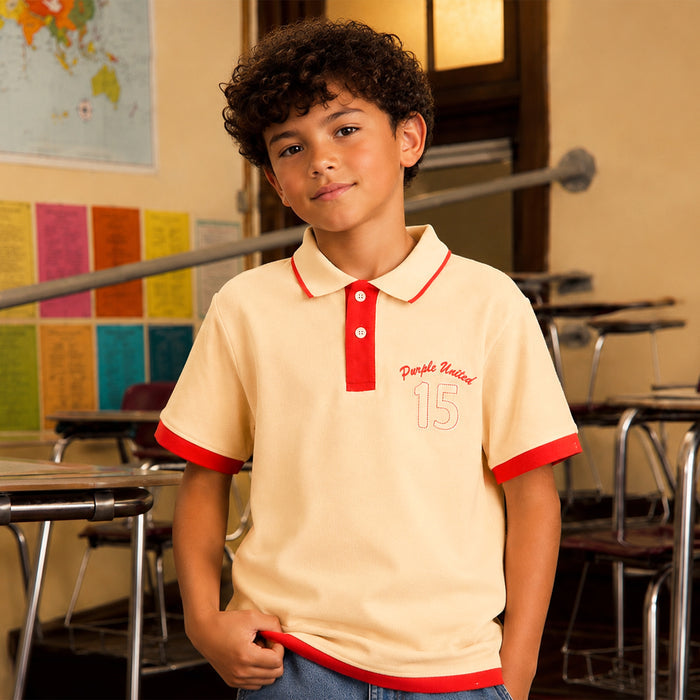 Kids Boys Polo Tshirt in Beige with Contrast Collar & Soft Breathable Comfort Fabric