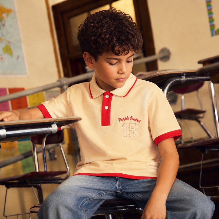Kids Boys Polo Tshirt in Beige with Contrast Collar & Soft Breathable Comfort Fabric