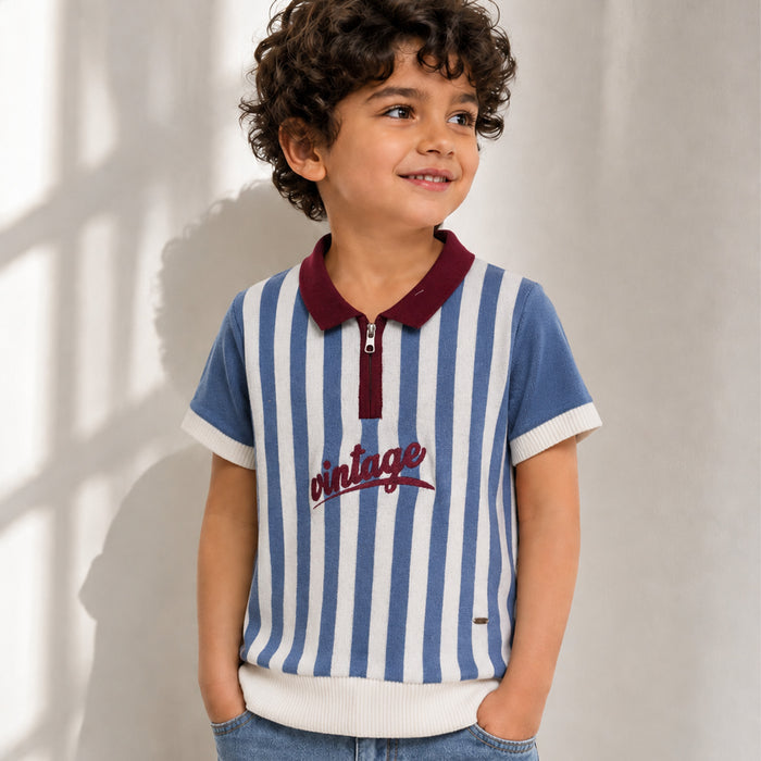 Kids Boys Polo Tshirt in Dark Blue with Soft Knit Fabric & Zip Neck for Comfort Wear